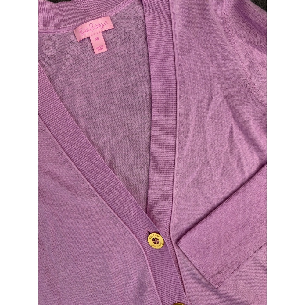 Lilly Pulitzer Cardigan Womens XS Purple Gold Logo Button V-Neck‎ Longline 47749